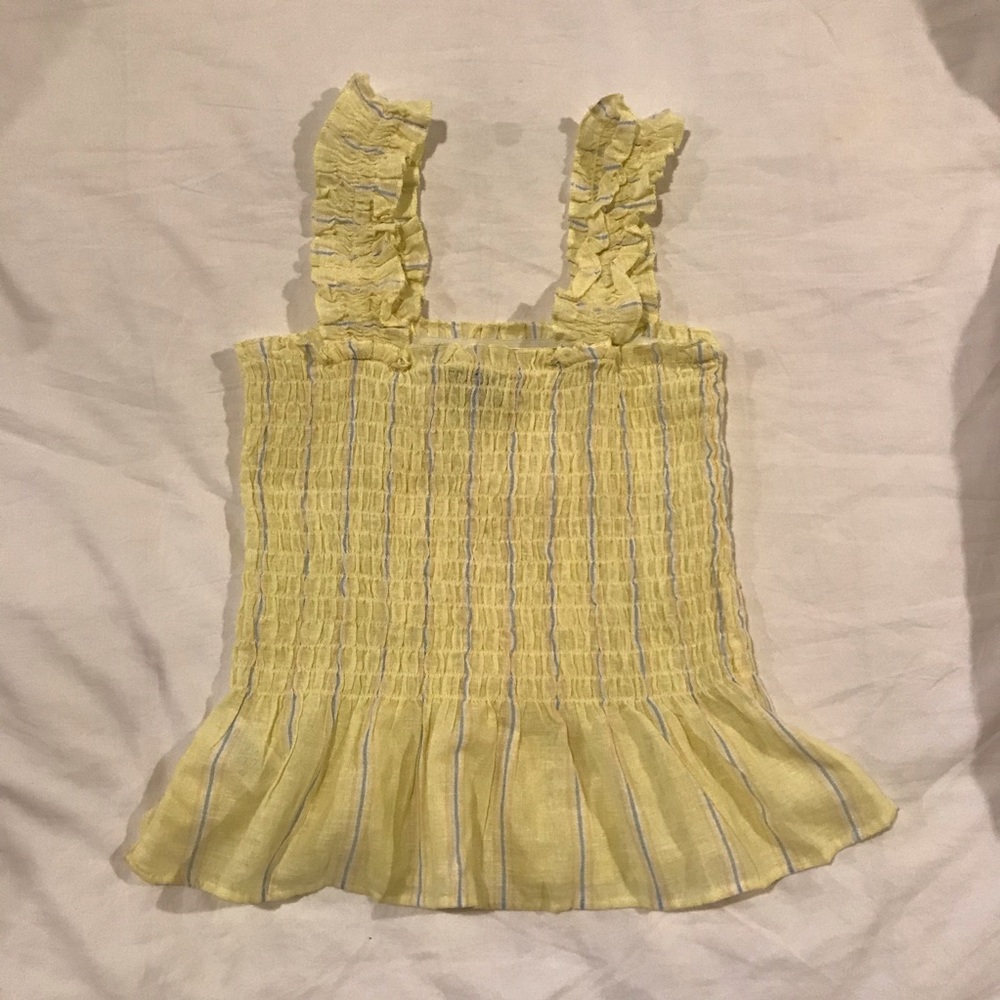 Yellow Shirred Sleeveles Ruffle Strap Top